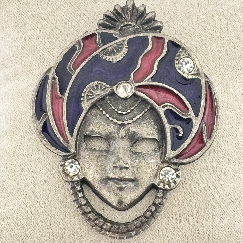 Vintage 1980s Venetian Mask Brooch Silver Tone Enamel Rhinestone Masquerade Pin